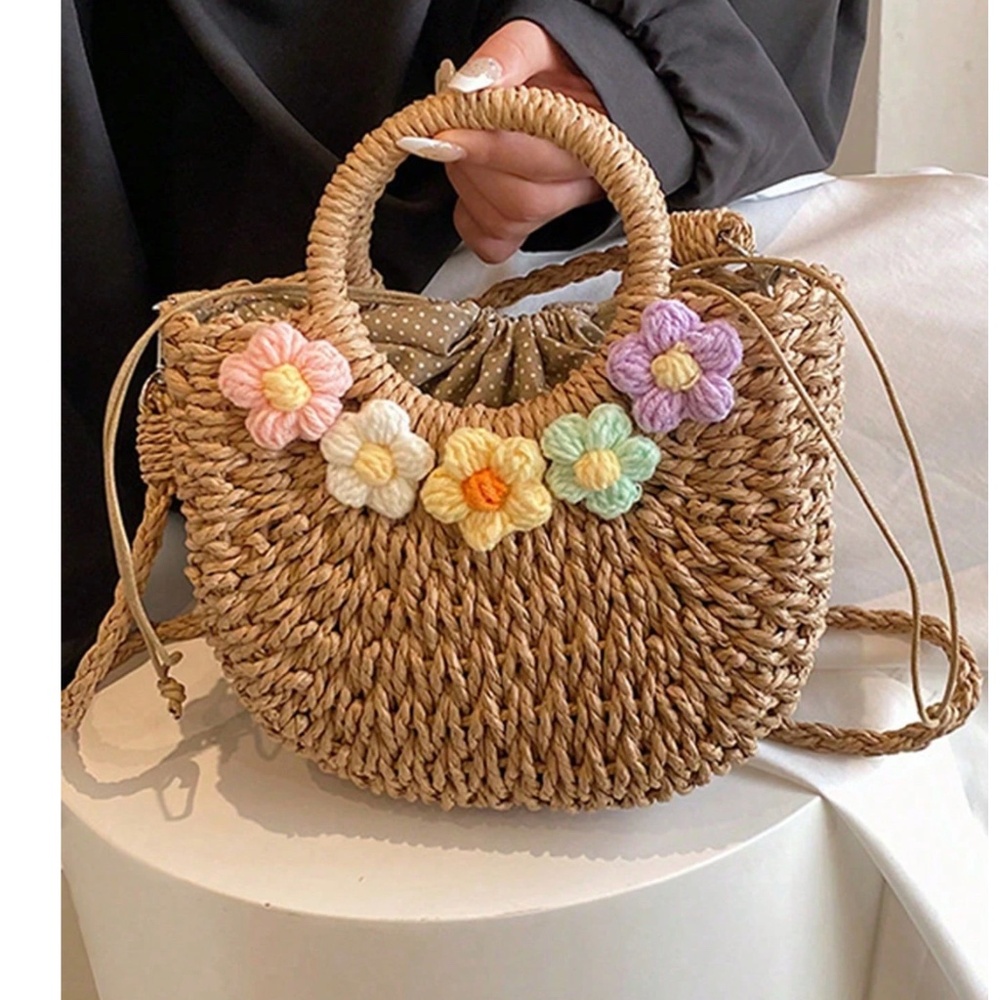 Boho Straw Crochet Colorful Flowers Crossbody Shoulder Tote Bag